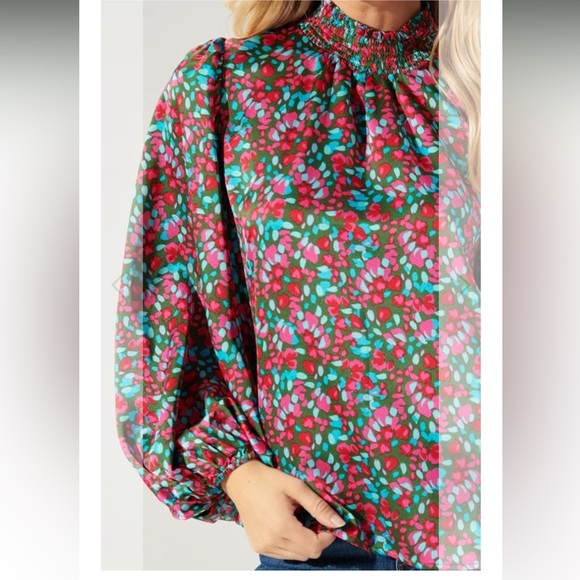 Sugarlips SEREIA FLORAL FIGARO BALLOON SLEEVE SATIN BLOUSE in multi - Picture 7 of 8